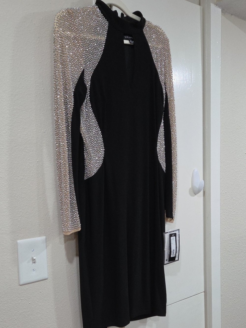 Xscape Black Long Sleeve Dress with Beaded Nude Accents
